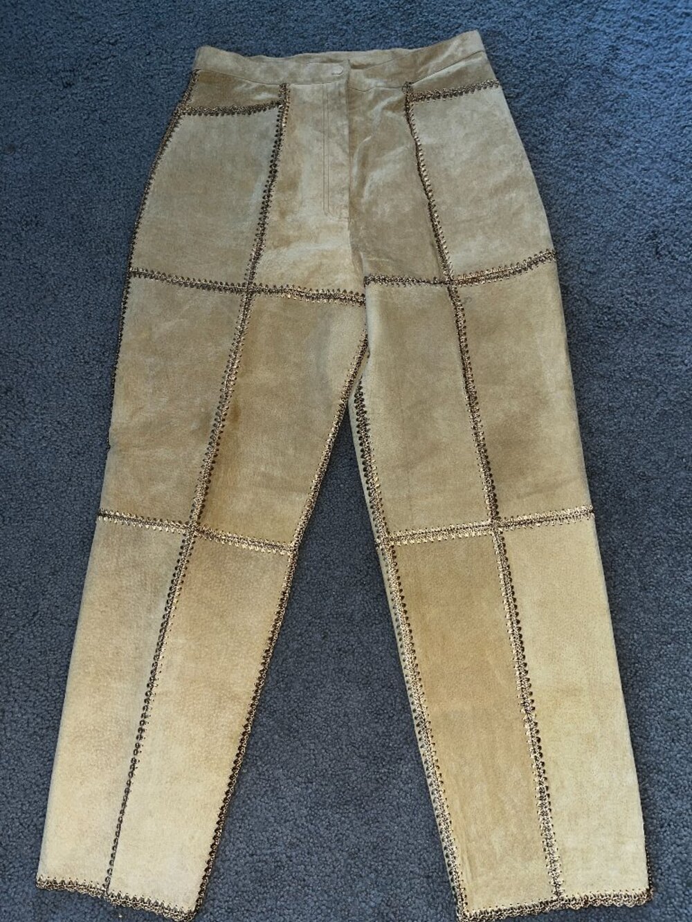 Vintage S. M. H. Genuine Suede Patchwork Crochet Seam Straight Leg Pants Size 16